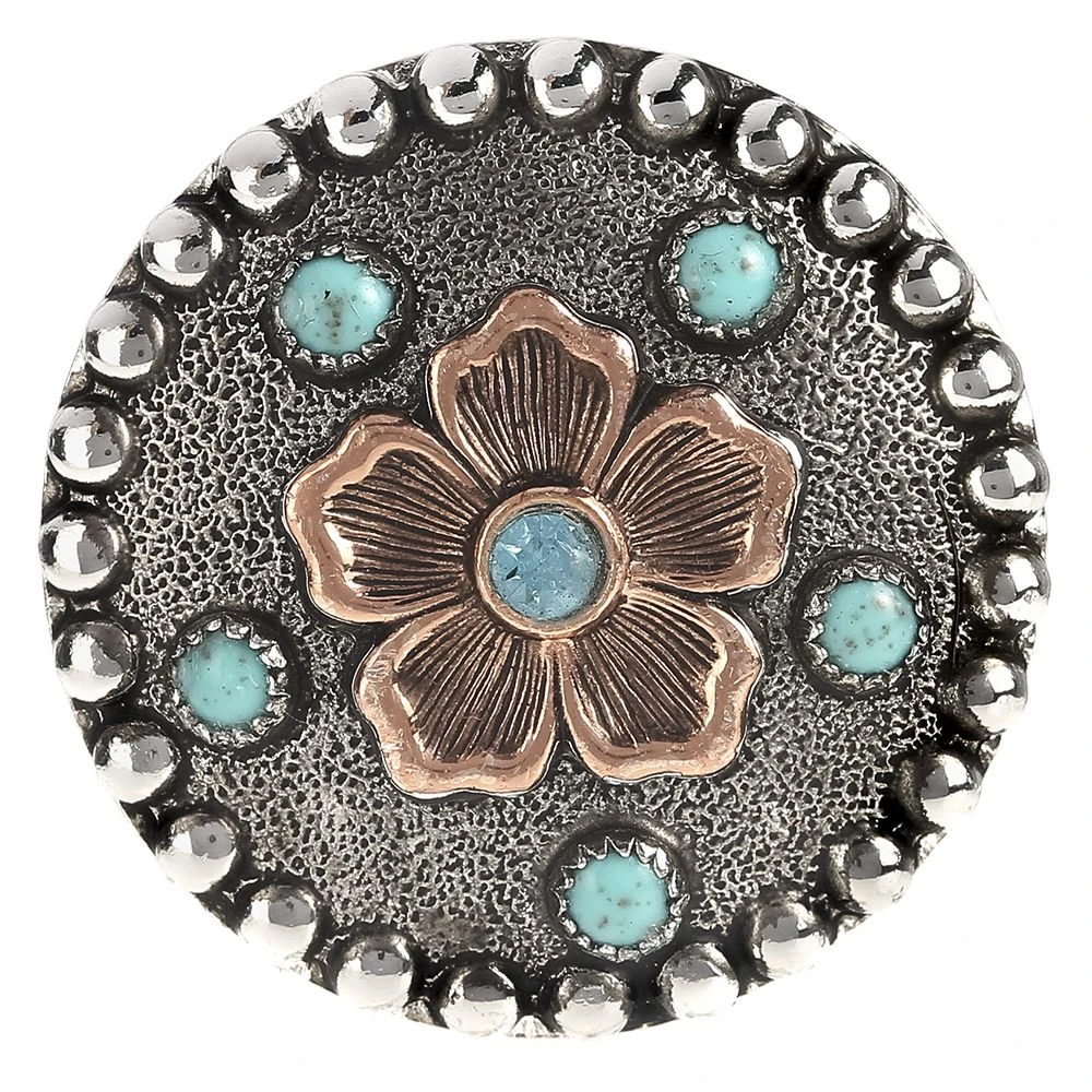 Augus Silversmiths Llc Copper Flower With Turquoise Stone And Crystal 1 1/2 Inch Concho 1 Augus Silversmiths Llc Copper Flower With Turquoise Stone And Crystal 1 1/2 Inch Concho